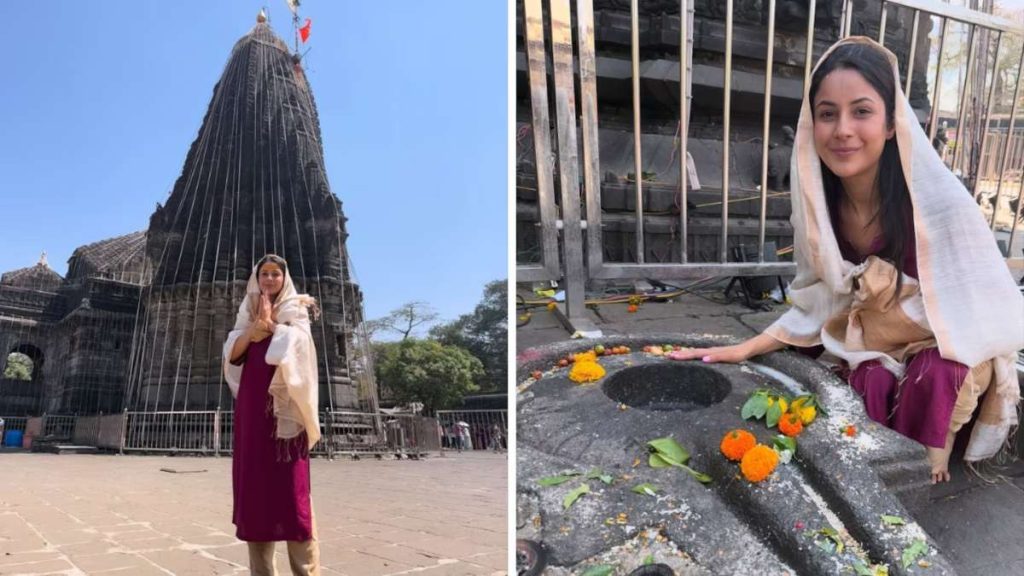 शहनाज गिल ने त्र्यंबकेश्वर ज्योतिर्लिंग पहुंचकर महादेव का आशीर्वाद लिया, सिर पर दुपट्टा ओढ़कर पोज दिए।