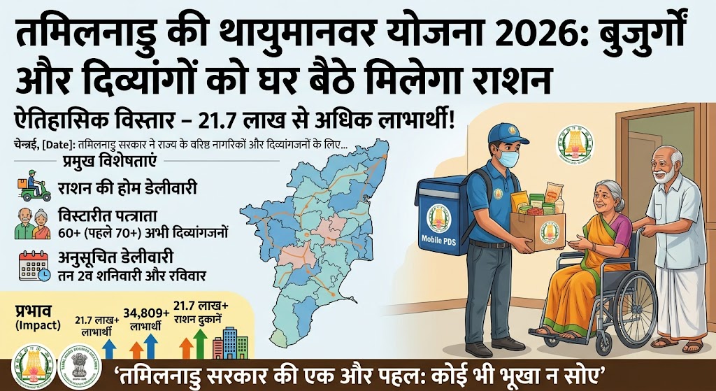 तमिलनाडु की थायुमानवर योजना 2026: बुजुर्गों और दिव्यांगों को घर बैठे मिलेगा राशन तमिलनाडु की थायुमानवर योजना 2026: बुजुर्गों और दिव्यांगों को घर बैठे मिलेगा राशन