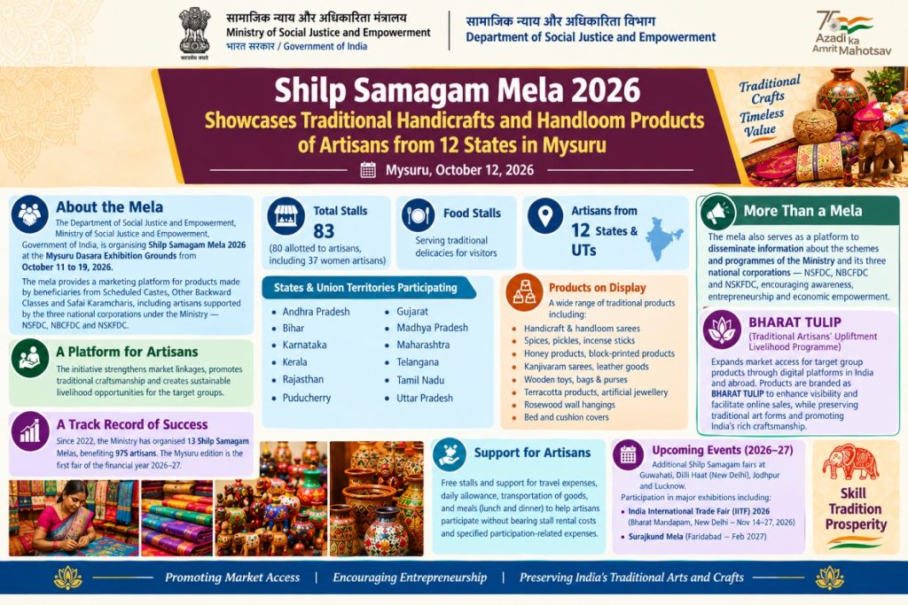 शिल्प समागम मेला 2026: मैसूर में 19 अक्टूबर तक लगेगा शिल्प मेला, 12 राज्यों के कारीगरों के उत्पाद बने आकर्षण