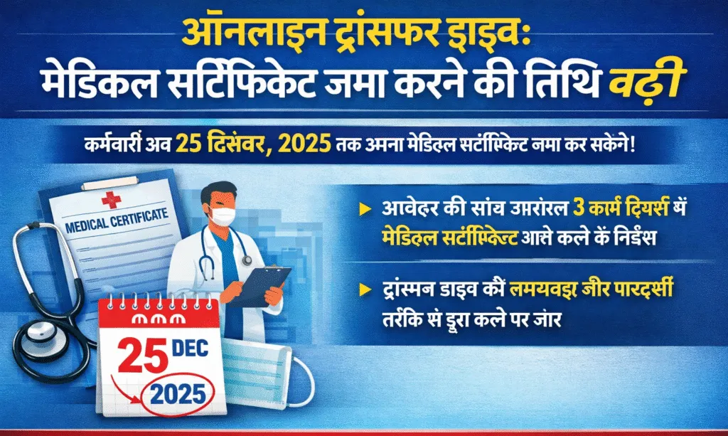 ऑनलाइन ट्रांसफर ड्राइव: कर्मचारियों के लिए मेडिकल सर्टिफिकेट जमा करने की तिथि बढ़ी ऑनलाइन ट्रांसफर ड्राइव: कर्मचारियों के लिए मेडिकल सर्टिफिकेट जमा करने की तिथि बढ़ी